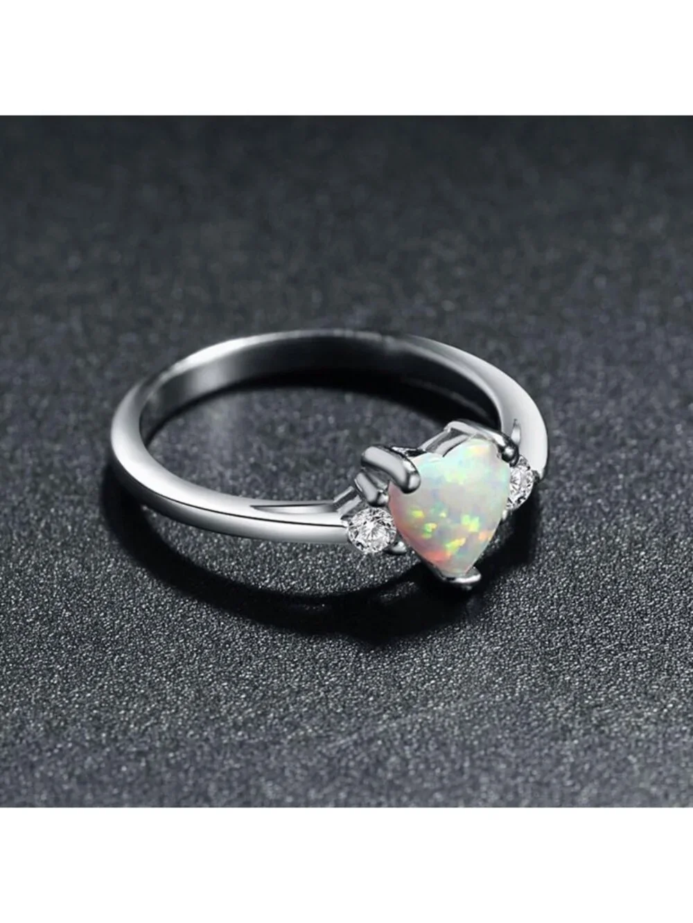 Sterling Silver Heart Shaped White Opal Engagement Promise Ring - Size